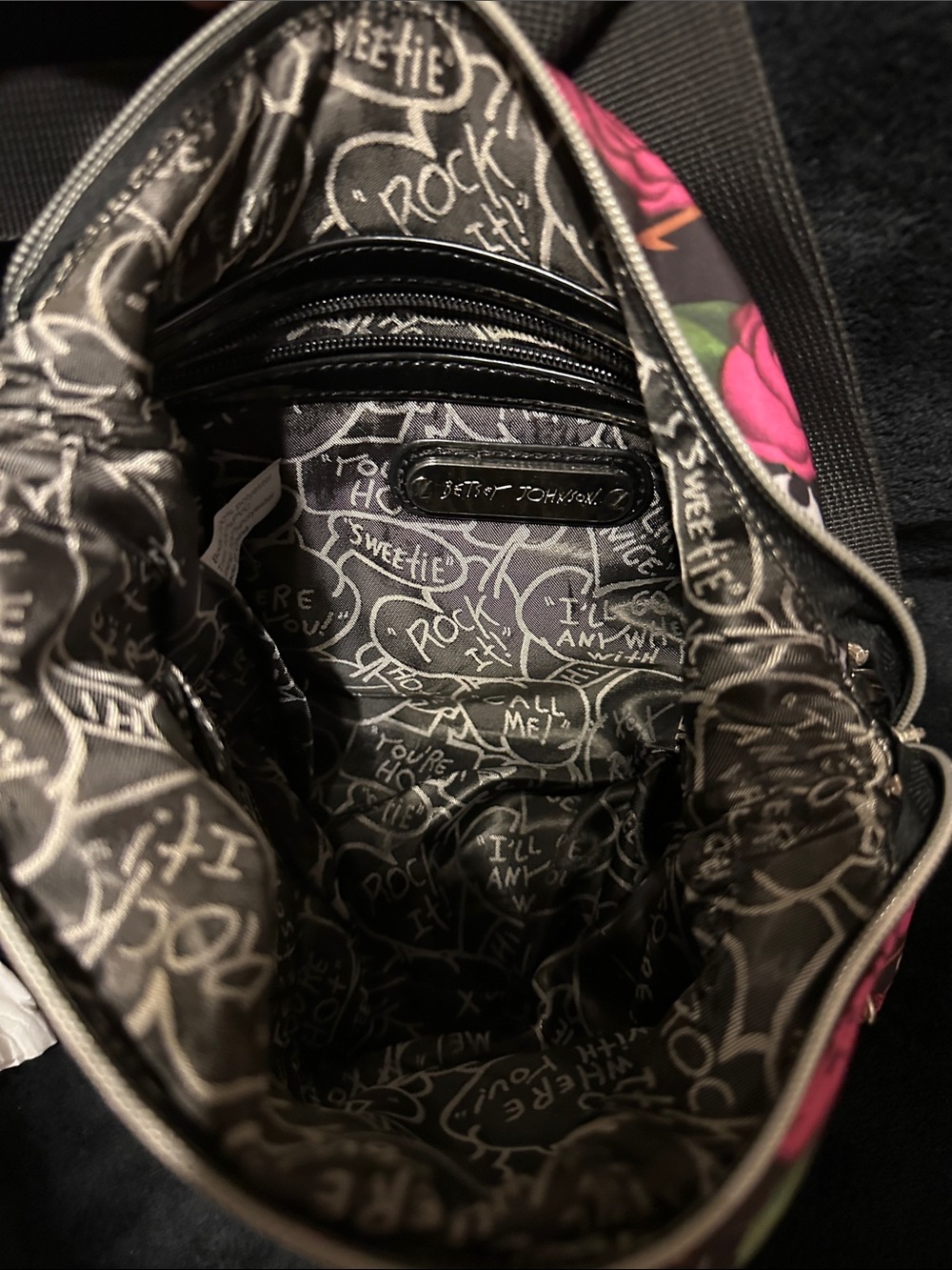 Betsey Johnson Black Crossbody Bag with Pink Rose & Skull Motif - Picture 4 of 5